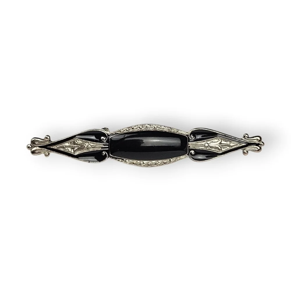 Vintage Ornate Bar Brooch Black Enamel Silver Tone Fleur-de-lis Art Deco 2